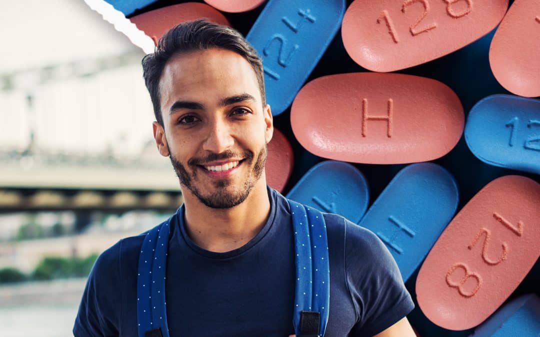 man | HIV pills | pills | pink pills | blue pills | backpack | city