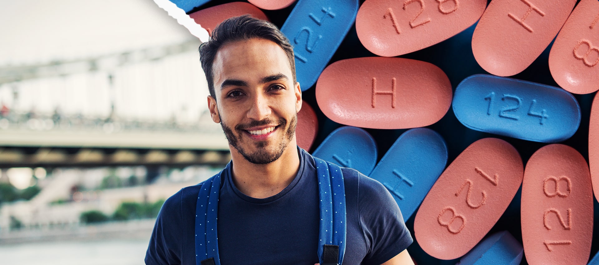 man | HIV pills | pills | pink pills | blue pills | backpack | city